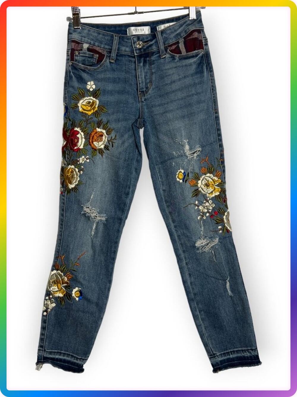 Guess Curve Hugging Floral Embroidery Jeans SIZE 24x26 Blue Distressed Raw
